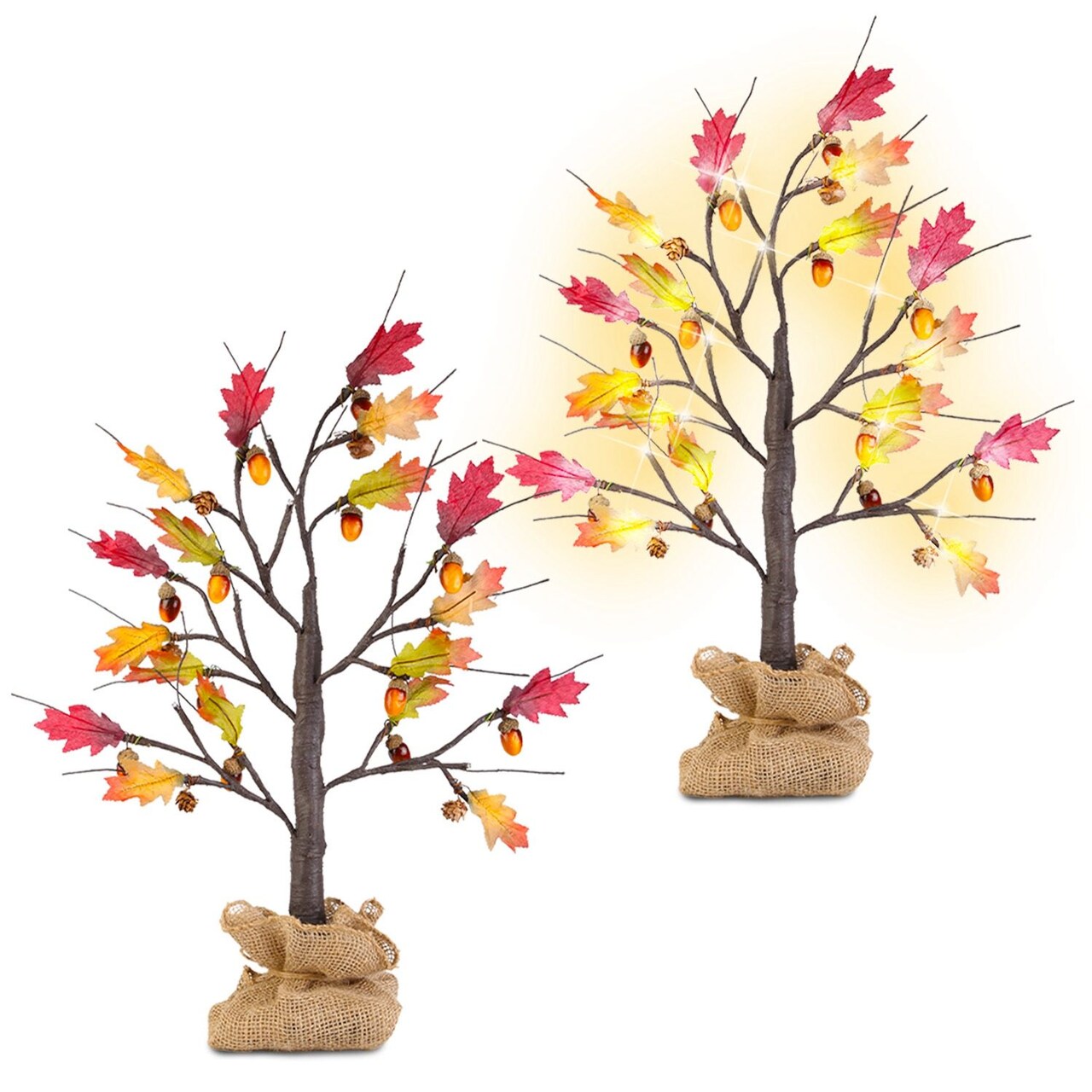 2Pcs 2FT Artificial Lighted Maple Tree With 24Pcs Warm White LED Beads 6Hrs Timer Battery Powered Artificial Fall Tree Tabletop Indoor Outdoor Fall Decoration Autumn Wedding Party Harvest
